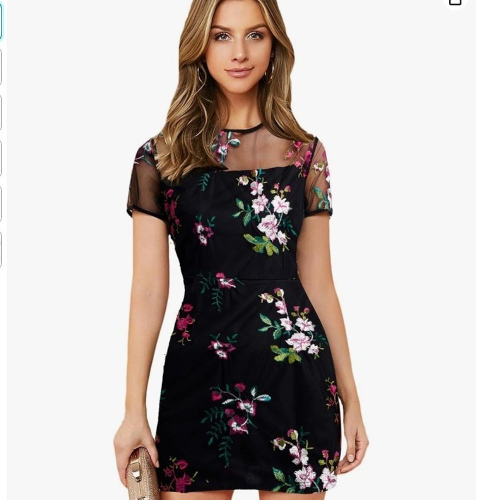 Embroidered Short Sleeve Sheer Mesh Dress